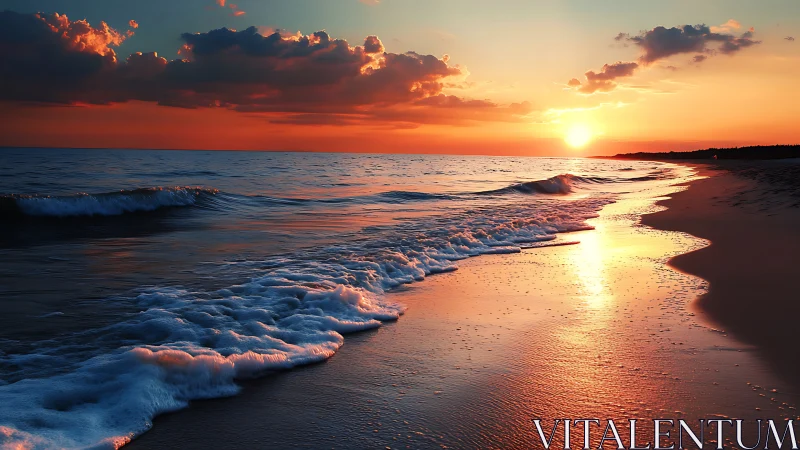 Coastal wavefront geometry under high-saturation sunset light.