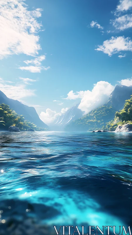 Coastal inlet with mountains, clouds and clear blue water.