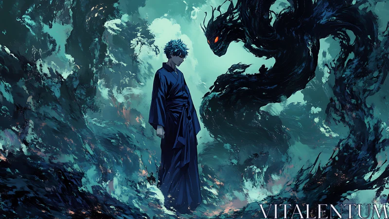 Sorcerer in abyssal vortex confronting emergent shadow entity.