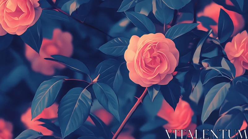 Luminous pink roses bloom against deep teal foliage