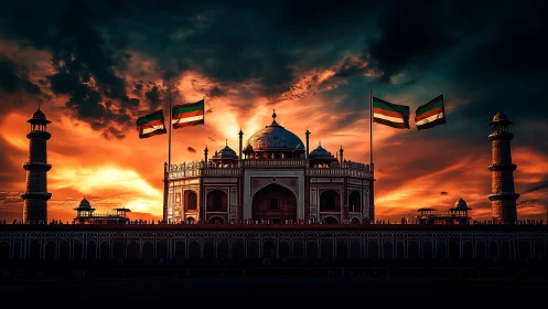Monument silhouette with flags under intense sunset sky.