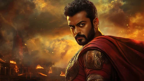 Brooding warrior in red cloak before burning citadel.