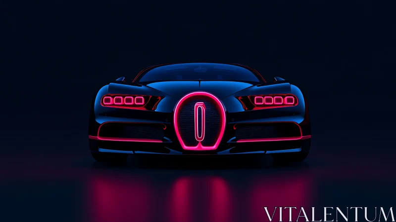 Neon lit black supercar front view in dark studio scene.