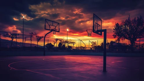 Silent outdoor basketball court glows beneath a burning sunset