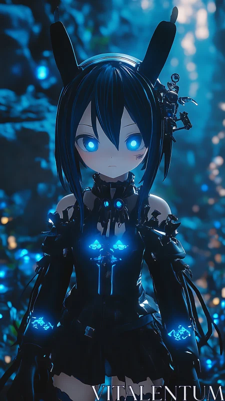 Cybernetic anime android with bioluminescent armor in blue bokeh forest