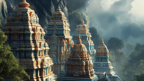 Tiered temple towers in misty forested mountain valley.