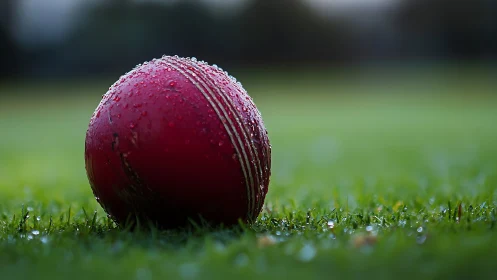 Macro telephoto study of wet red cricket ball on turf field.