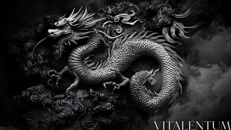 Monochrome relief of coiled dragon against rocky background.