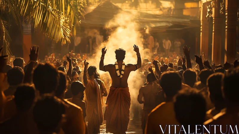 Dense outdoor ritual crowd under warm backlit temple smoke.