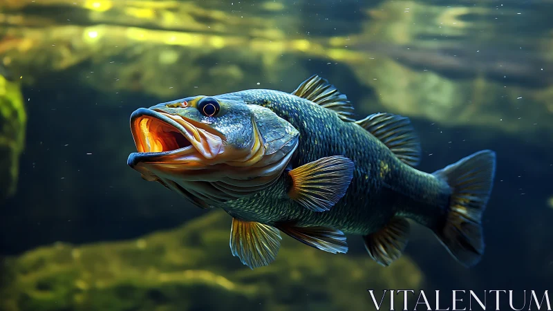 Curious river fish gliding through sunlit underwater calm.