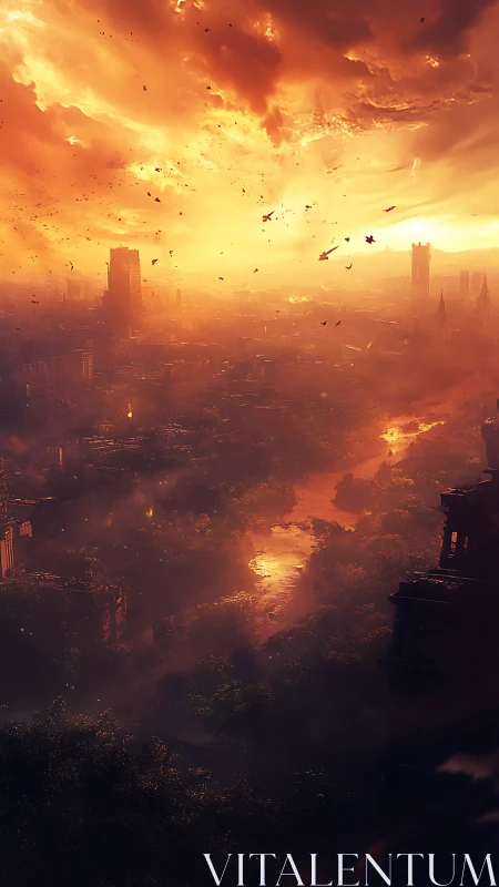 Sunlit ruined cityscape under dense orange storm clouds.