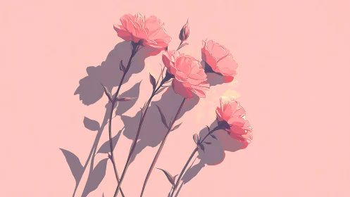 Pink carnations casting shadows against soft backdrop.
