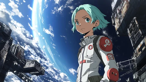 Young space explorer stands before decaying orbital ruins