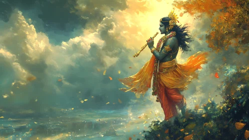 Mythic flute player over stormlit valley, spectral clouds.