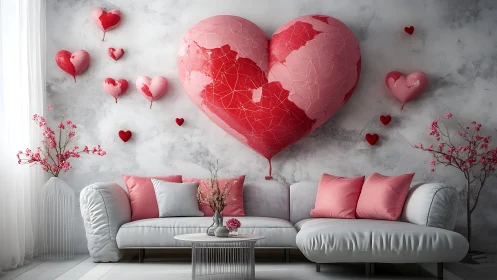 3D rendered interior with geometric heart sculpture and cushions