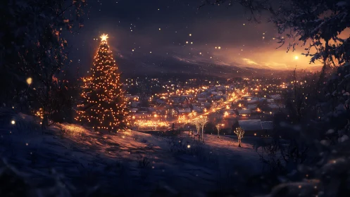 Snowy hillside Christmas tree overlooks glowing winter town.