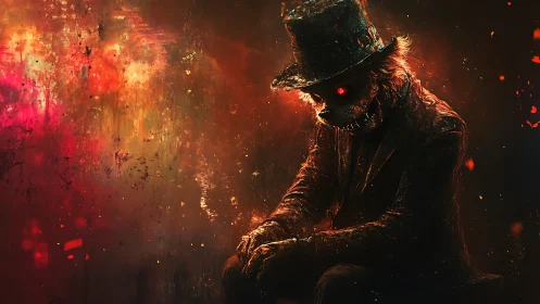 Demonic top-hatted creature seated in ember-lit abstraction.