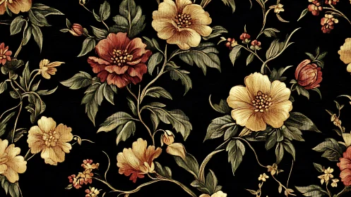 Ornate Floral Botanical Pattern on Black Background.