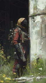 Post-apocalyptic scout guards overgrown concrete ruin.