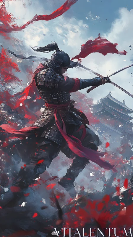Armored samurai charges through crimson petals and battle haze