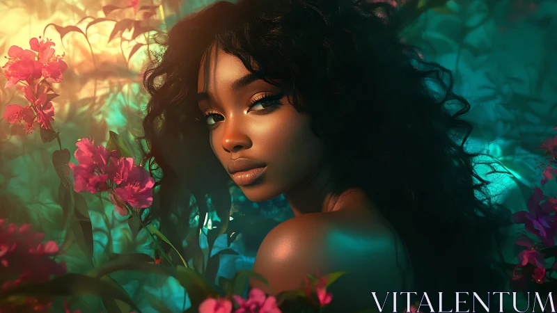 Digital portrait of woman surrounded by glowing flowers.