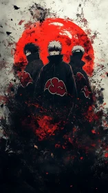 Anime trio before blood-red sun with grunge atmospheric framing.