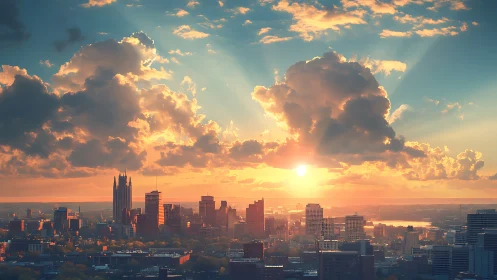 Urban skyline under cinematic backlit sunset cloudscape.