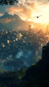 Panoramic view shows dense city beneath mountainous horizon