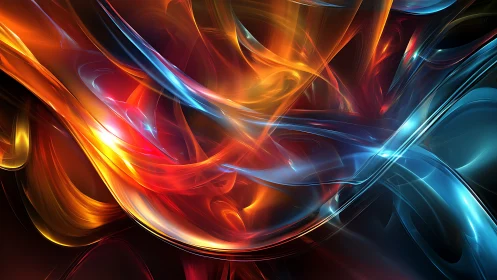 Abstract flowing red and blue light ribbons artwork.
