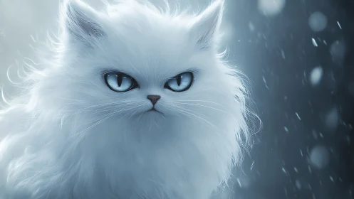 White Cat with Blue Eyes in Falling Snow.