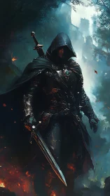 Mysterious hooded ranger walking through ember lit forest.