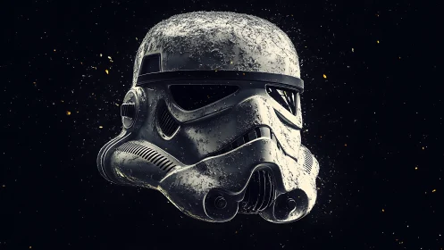 Weathered sci fi trooper helmet floating on dark space