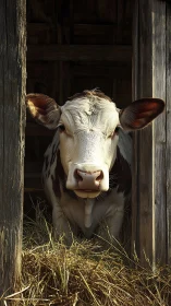 Curious barn cow framed in weathered wooden doorway.