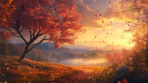 Autumn tree overlooks lake at sunset with distant mountains