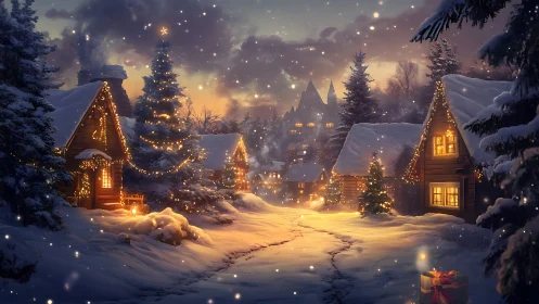 Snowlit holiday village wrapped in golden winter glow.