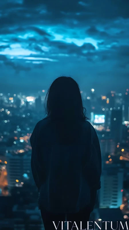 Silhouette of person stands before blue lit city skyline