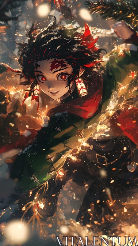 Joyful anime hero dashes through sparkling winter lights
