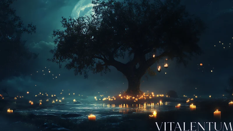 Moonlit enchanted tree glows above a field of candles.