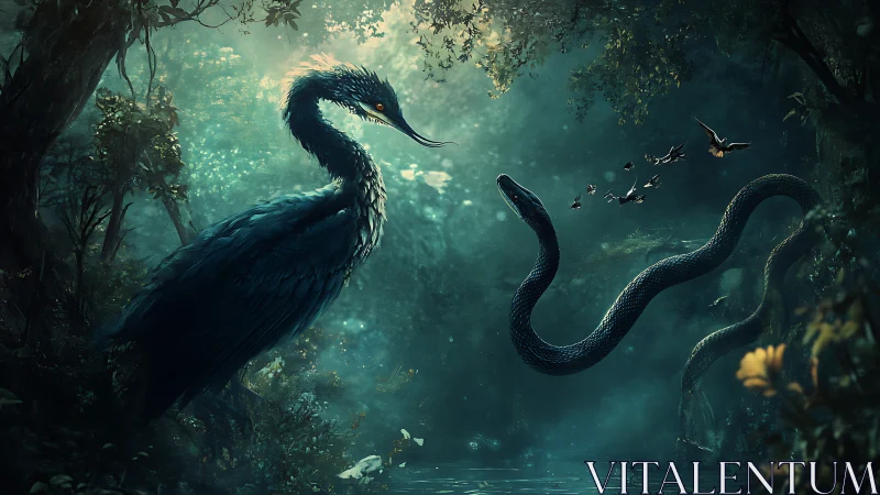 Enchanted heron and serpent share a quiet forest standoff