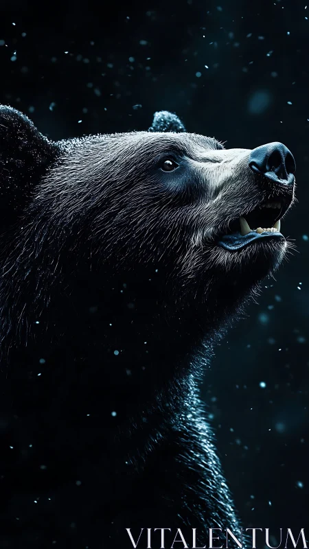 Black bear profile under falling snow in dramatic light.