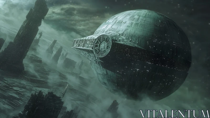 Monolithic spherical starship hovers above decayed megastructures