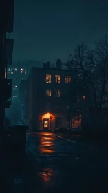 Wet urban alleyway reflects orange street and window lights