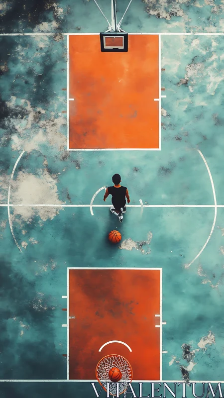 Single basketball player stands centered on worn outdoor court.
