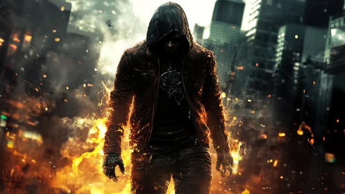 Hooded pyrokinetic figure in burning urban alleyway ruins