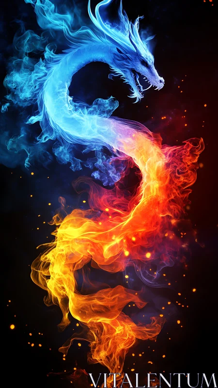 Fiery blue and orange elemental dragon swirling in darkness.