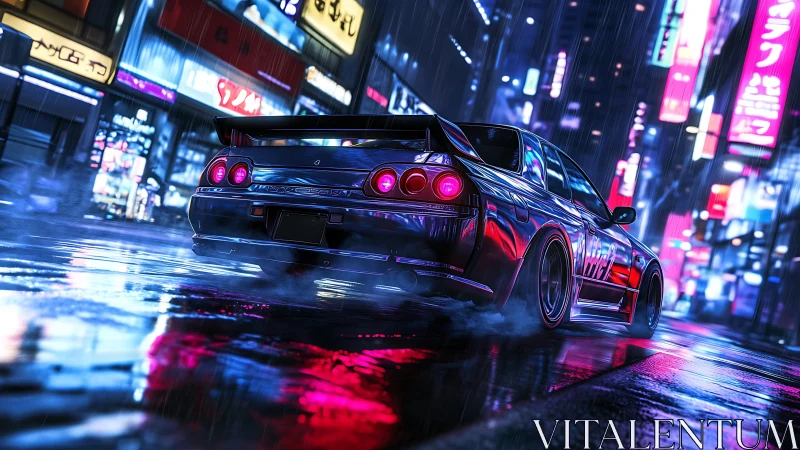 Neon city drift night with a sleek street racer cruising.