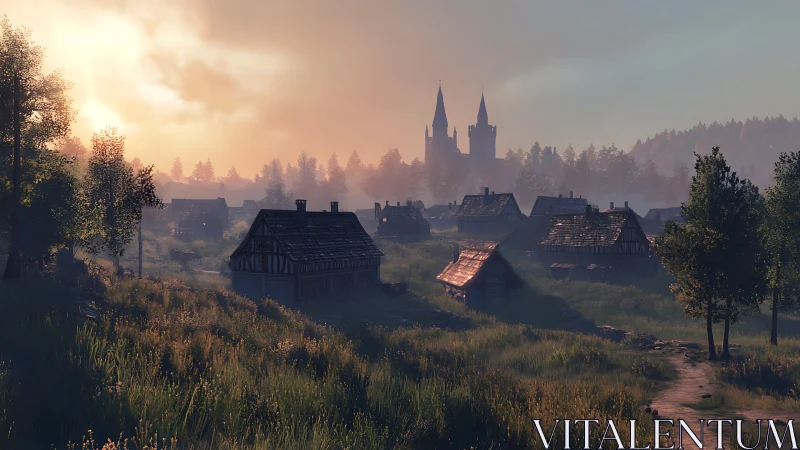 Medieval style village in soft dawn light and misty fields.