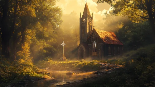 Gothic chapel stands in wooded clearing with stream foreground