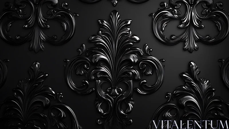 Ornate black baroque flourishes glimmer with quiet drama.