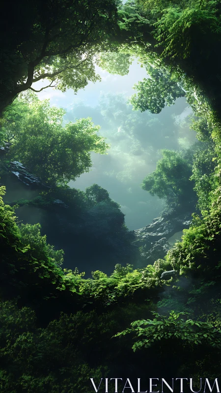 Deep Forest Cave Opening Framed by Verdant Canopy